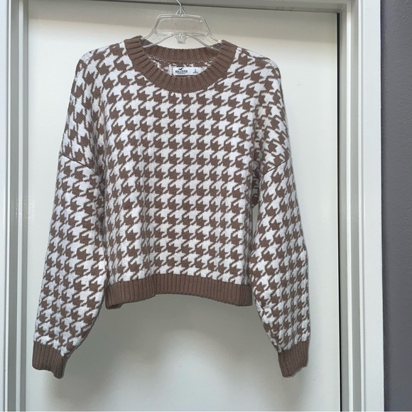Hollister Brown Cream Houndstooth Cropped Sweater Women’s Large - Picture 6 of 8